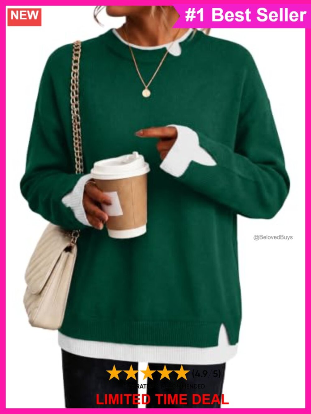 Womens Faux Layered Sweater Long Sleeve Crew Neck Pullover Loose Fit